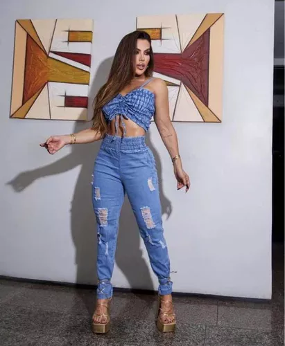 Conjunto Feminino Calça E Cropped Jeans Com Lycra